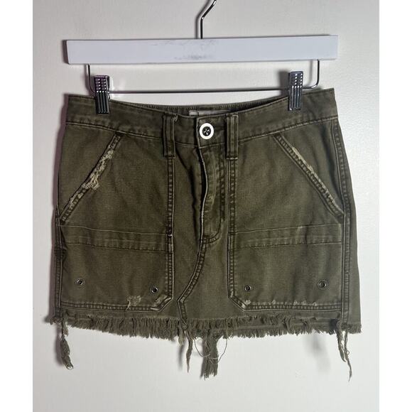 Free People Army Olive Green Utility Denim Mini Skirt Sizeraw Hem Size 25 NWOT - Picture 4 of 11